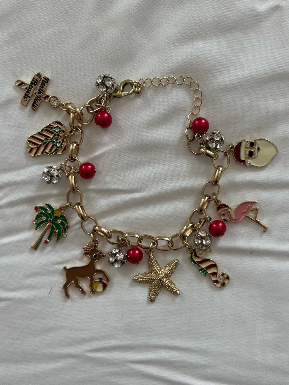 Holiday Red Bead Charm Gold Tone BRACELET Santa Reindeer North Pole